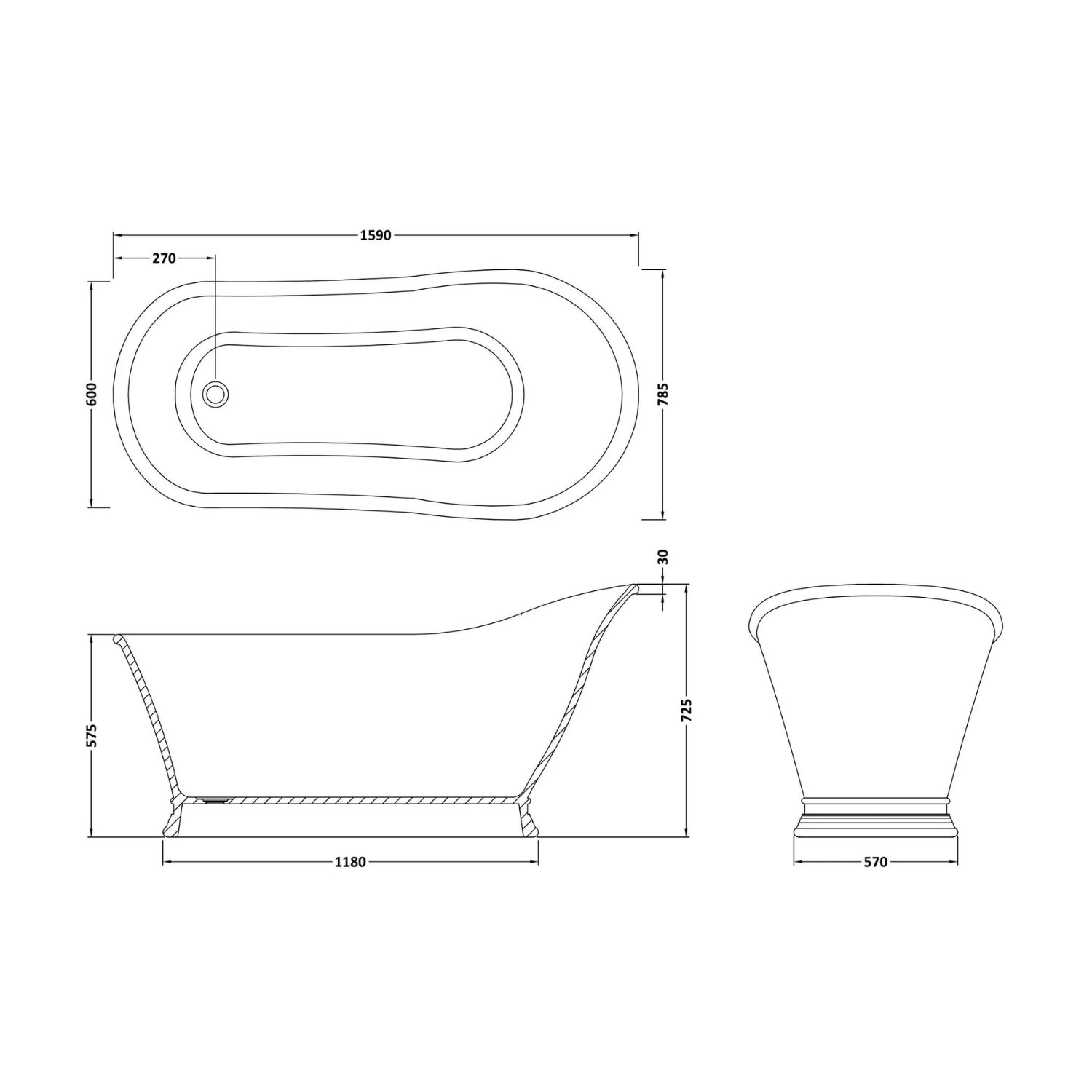 BC Designs Cian Slipper Traditional Freestanding Bath - 1590mm L x 785mm W