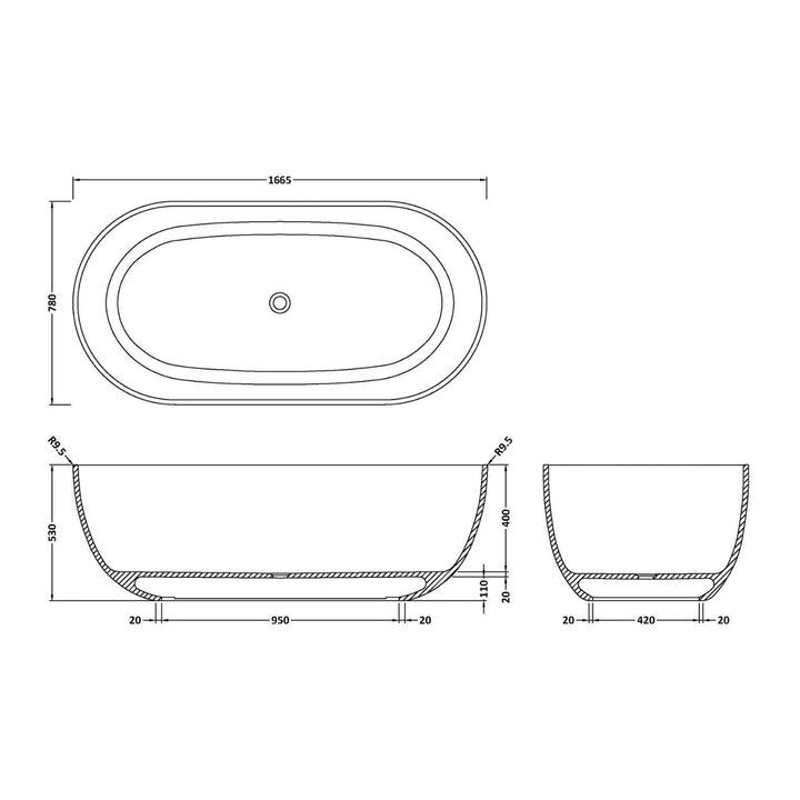 BC Designs Crea Cian Solid Surface Freestanding Bath - 1665mm L x 780mm W