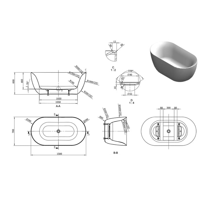 BC Designs Dinkee Acrylic Freestanding Bath - 1500mm L x 780mm W, White