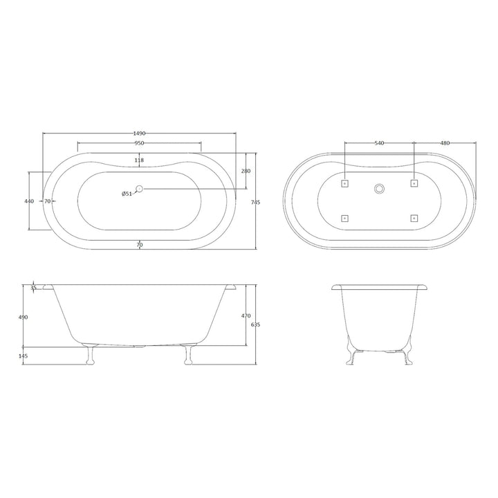 BC Designs Elmstead Double Ended Freestanding Bath with Feet Set 1 & Overflow - 1500mm L x 745mm W, White