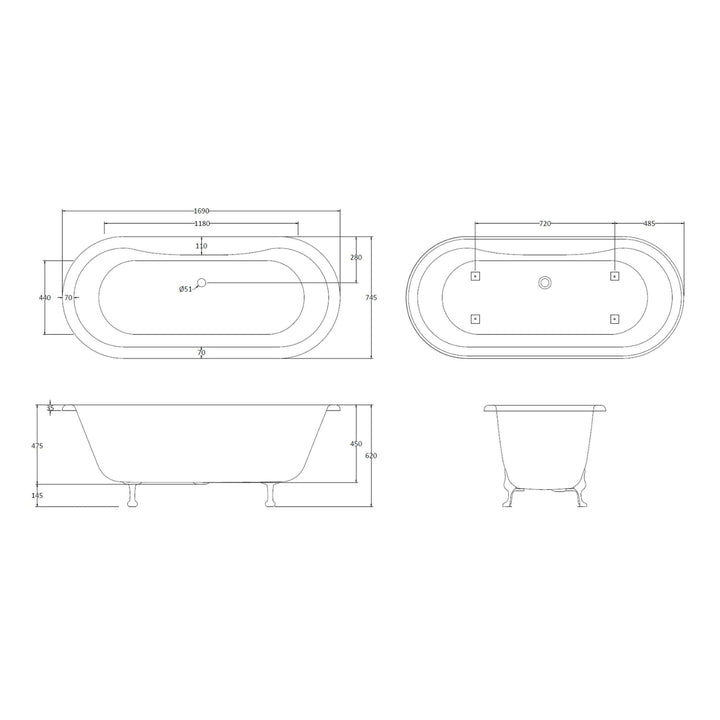 BC Designs Elmstead Double Ended Freestanding Bath With Feet Set 1 & Overflow 1700mm L x 745mm W, White