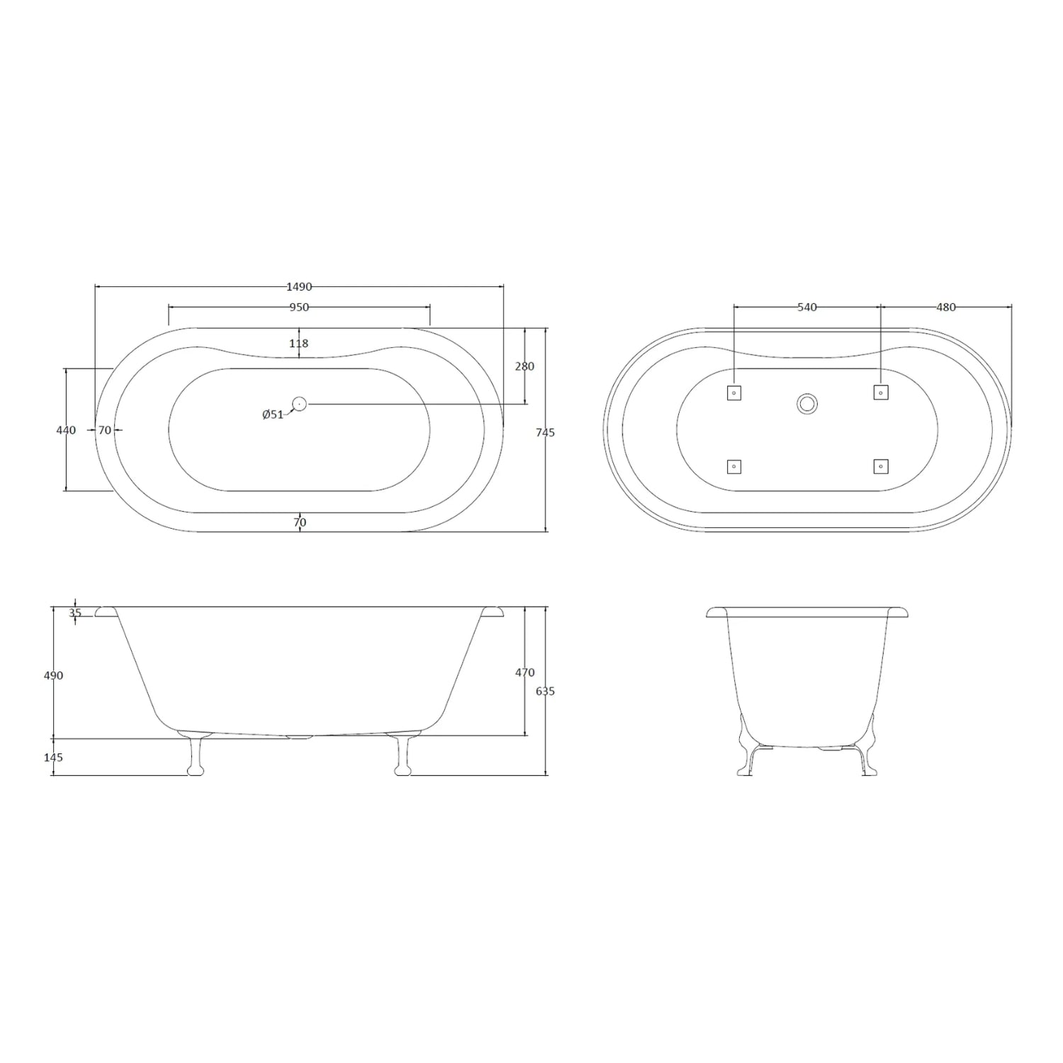 BC Designs Elmstead Double Ended Freestanding Bath with Feet Set 2 & Overflow - 1500mm L x 745mm W, White