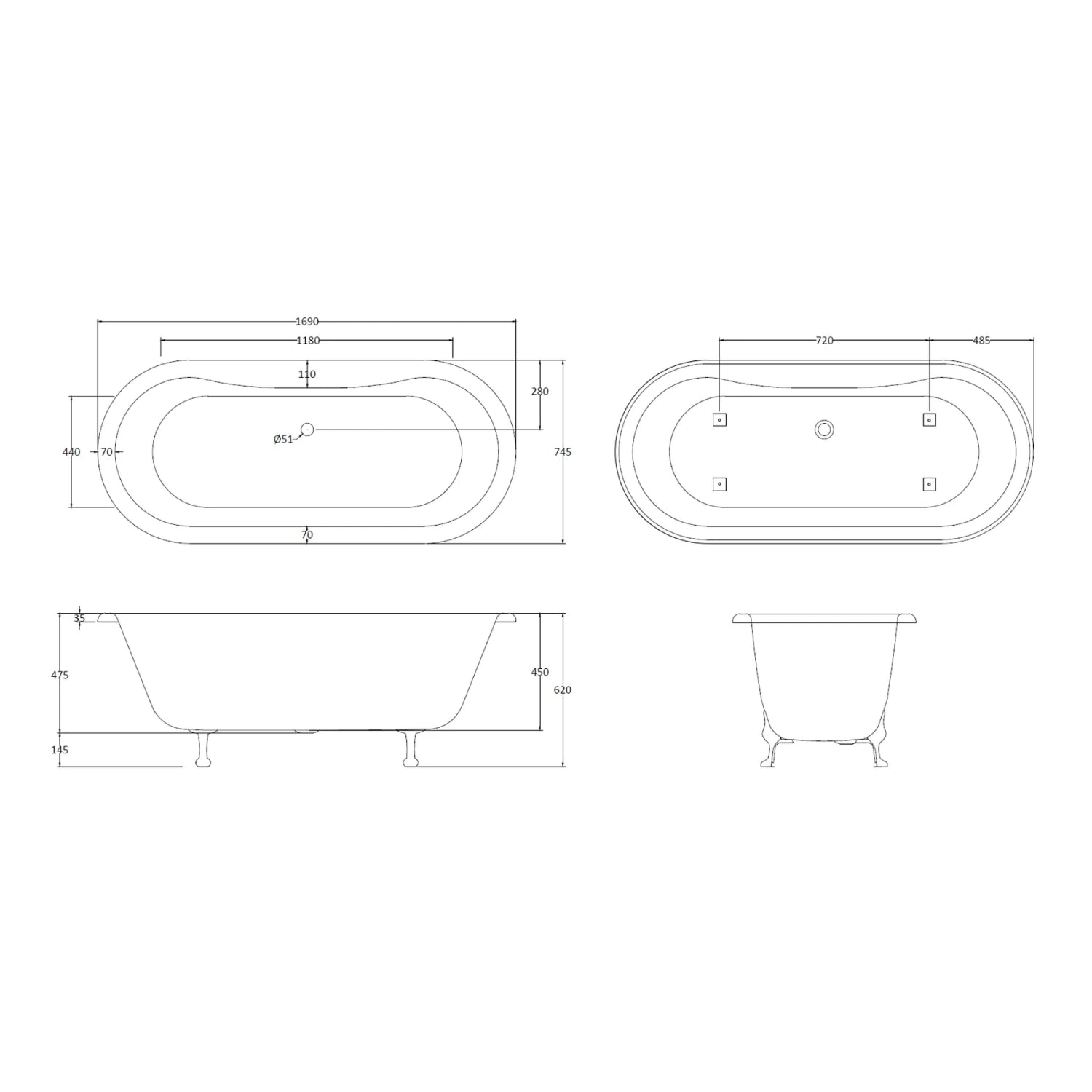 BC Designs Elmstead Double Ended Freestanding Bath With Feet Set 2 & Overflow - 1700mm L x 745mm W, White