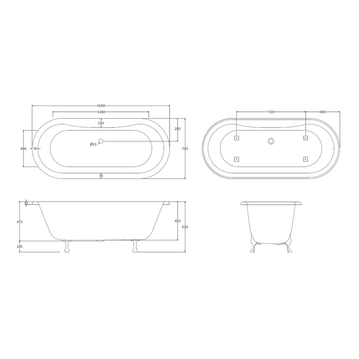 BC Designs Elmstead Double Ended Freestanding Bath With Feet Set 2 & Overflow - 1700mm L x 745mm W, White