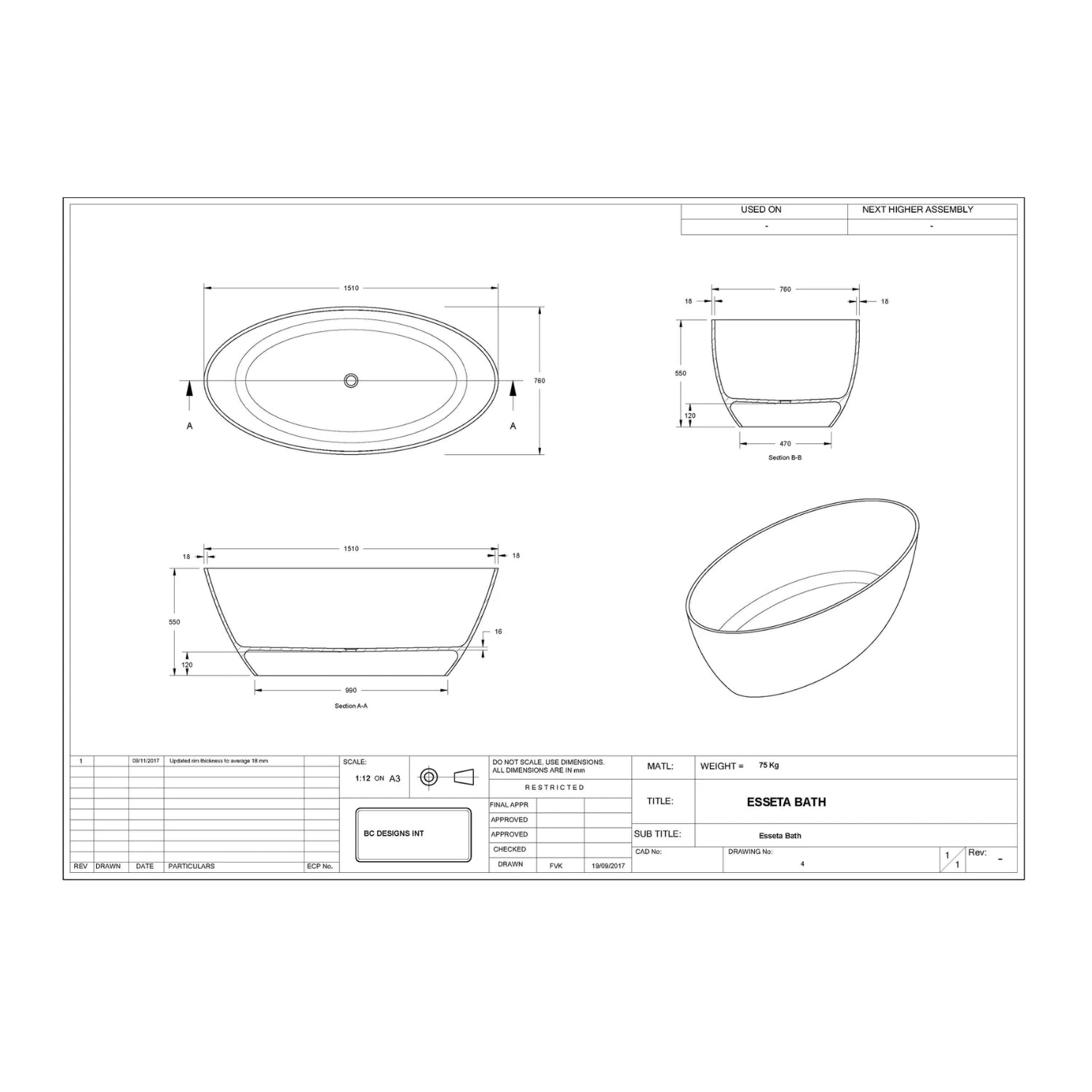 BC Designs Esseta Cian Solid Surface Freestanding Bath - 1510mm x 760mm W