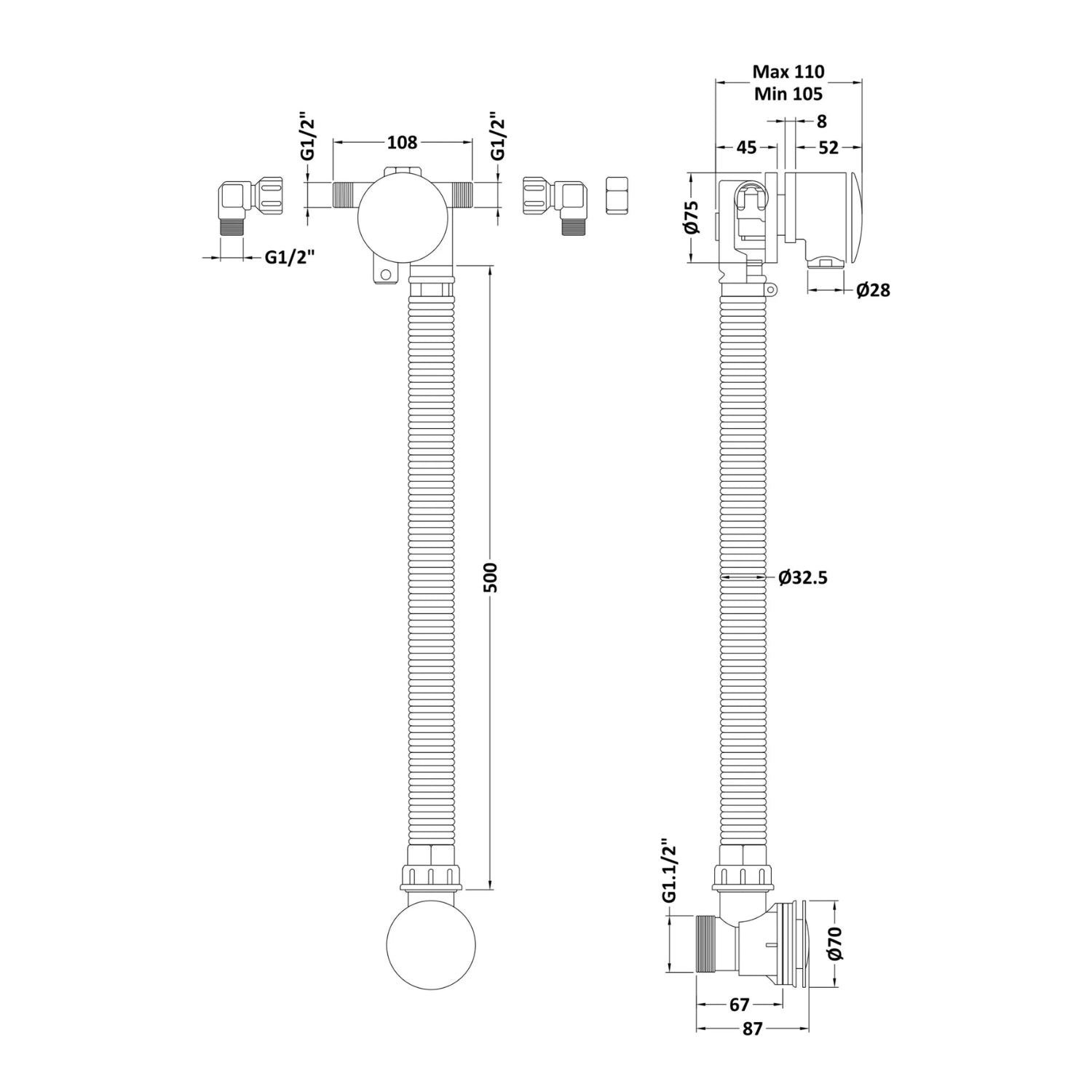 BC Designs Extended Push Down Overflow Bath Filler Waste, Chrome