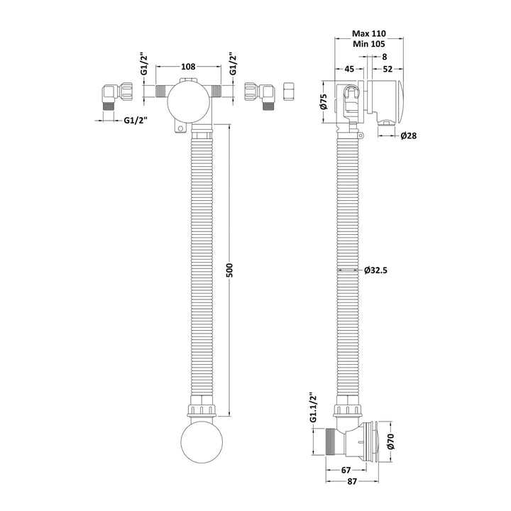 BC Designs Extended Push Down Overflow Bath Filler Waste, Chrome