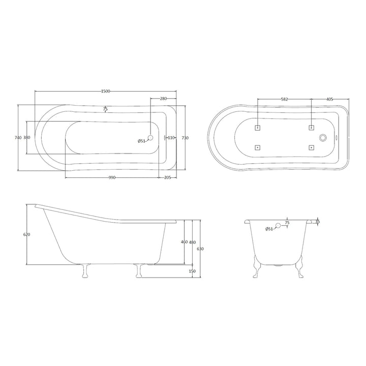 BC Designs Fordham Freestanding Bath With Feet Set 1 and Overflow - 1500mm L x 740mm W, White