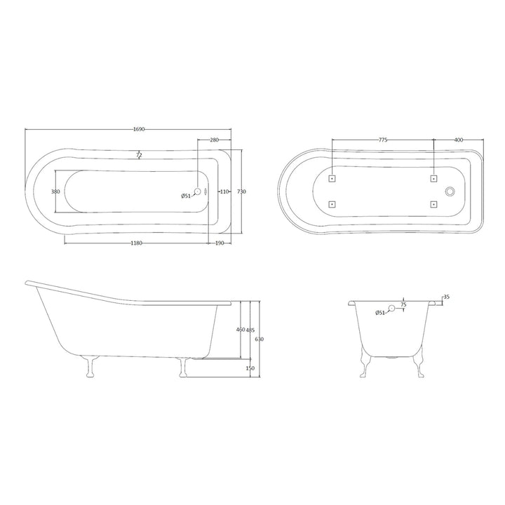 BC Designs Fordham Freestanding Bath with Feet Set 1 and Overflow - 1700mm L x 730mm W, White