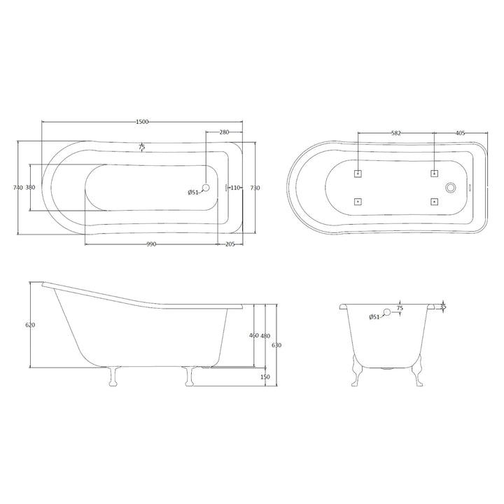 BC Designs Fordham Freestanding Bath with Feet Set 2 and Overflow - 1500mm L x 730mm W, White