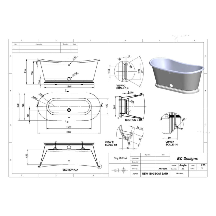 BC Designs Freestanding Traditional Acrylic Boat Bath with Aluminium Plinth