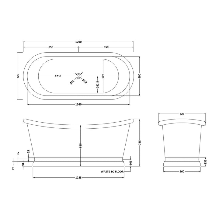 BC Designs Freestanding Traditional Boat Bath and Nickel Inner 1700mm, Antique Copper/Nickel