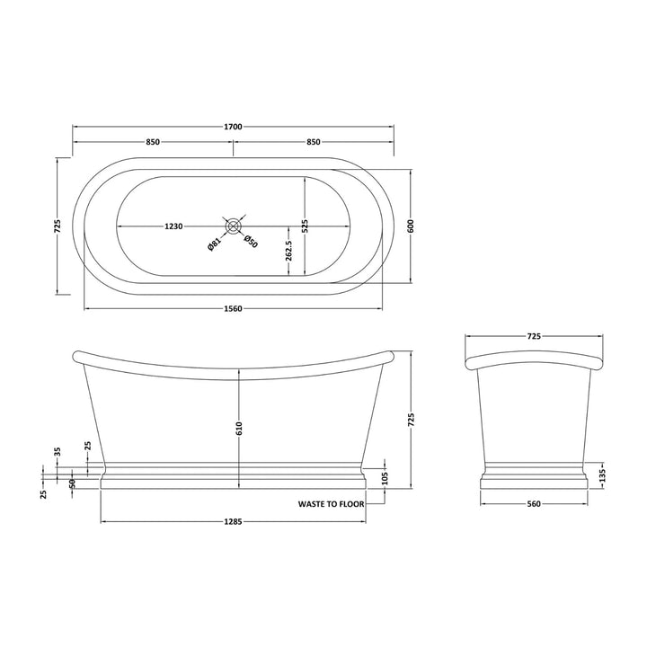 BC Designs Freestanding Traditional Boat Bath Outer/Inner 1700mm, Antique Copper