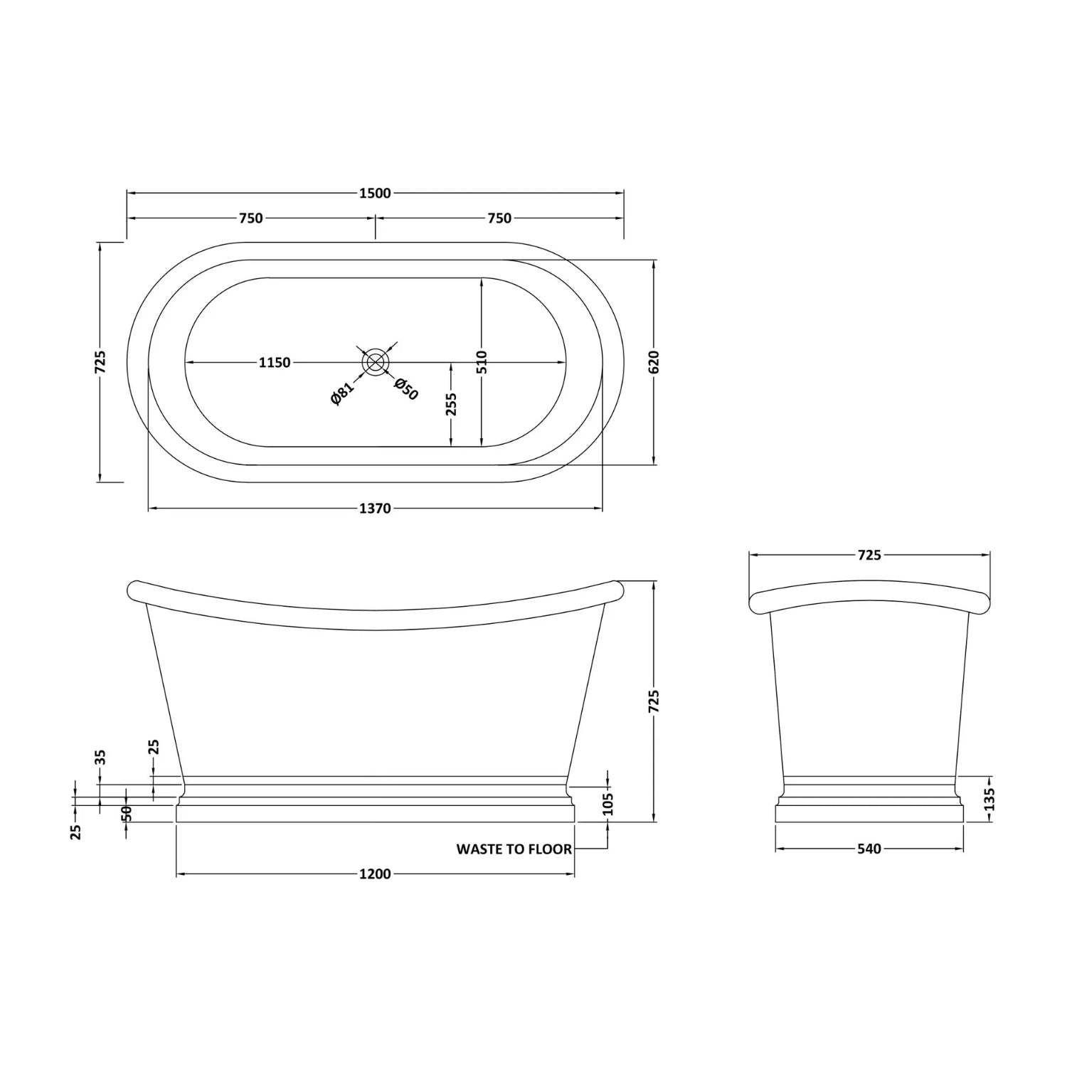 BC Designs Freestanding Traditional Boat Bath with Brass Inner 1500mm, Brass