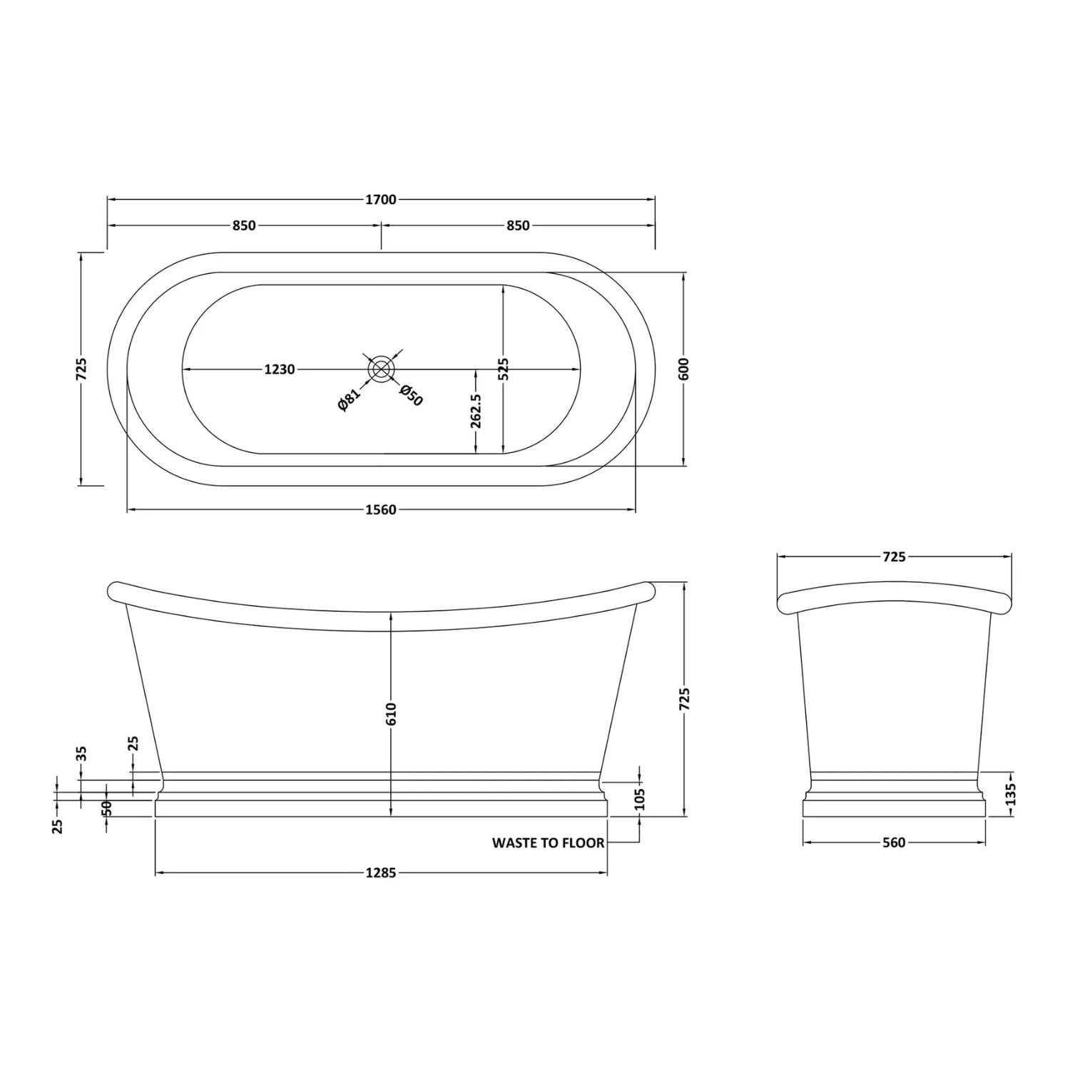 BC Designs Freestanding Traditional Boat Bath with Brass Inner 1700mm, Brass