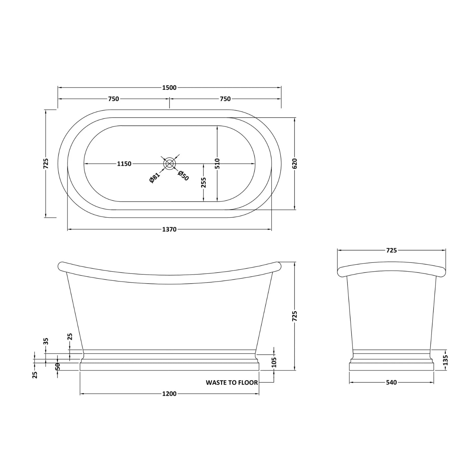 BC Designs Freestanding Traditional Boat Bath with Nickel Inner - 1500mm L x 725mm W, Copper/Nickel