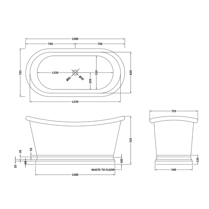 BC Designs Freestanding Traditional Boat Bath with Nickel Inner - 1500mm L x 725mm W, Copper/Nickel