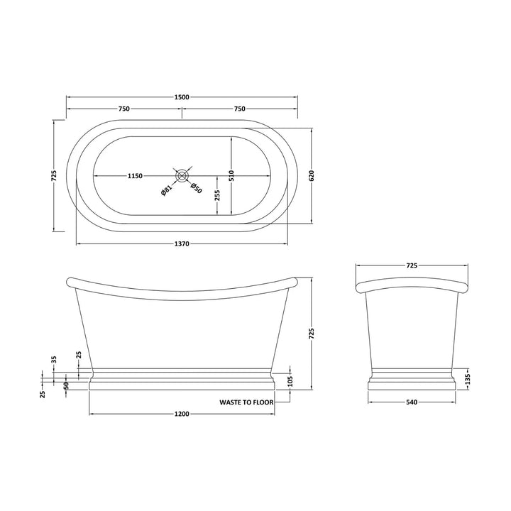 BC Designs Freestanding Traditional Boat Bath with Nickel Inner - 1500mm L x 725mm W, Nickel