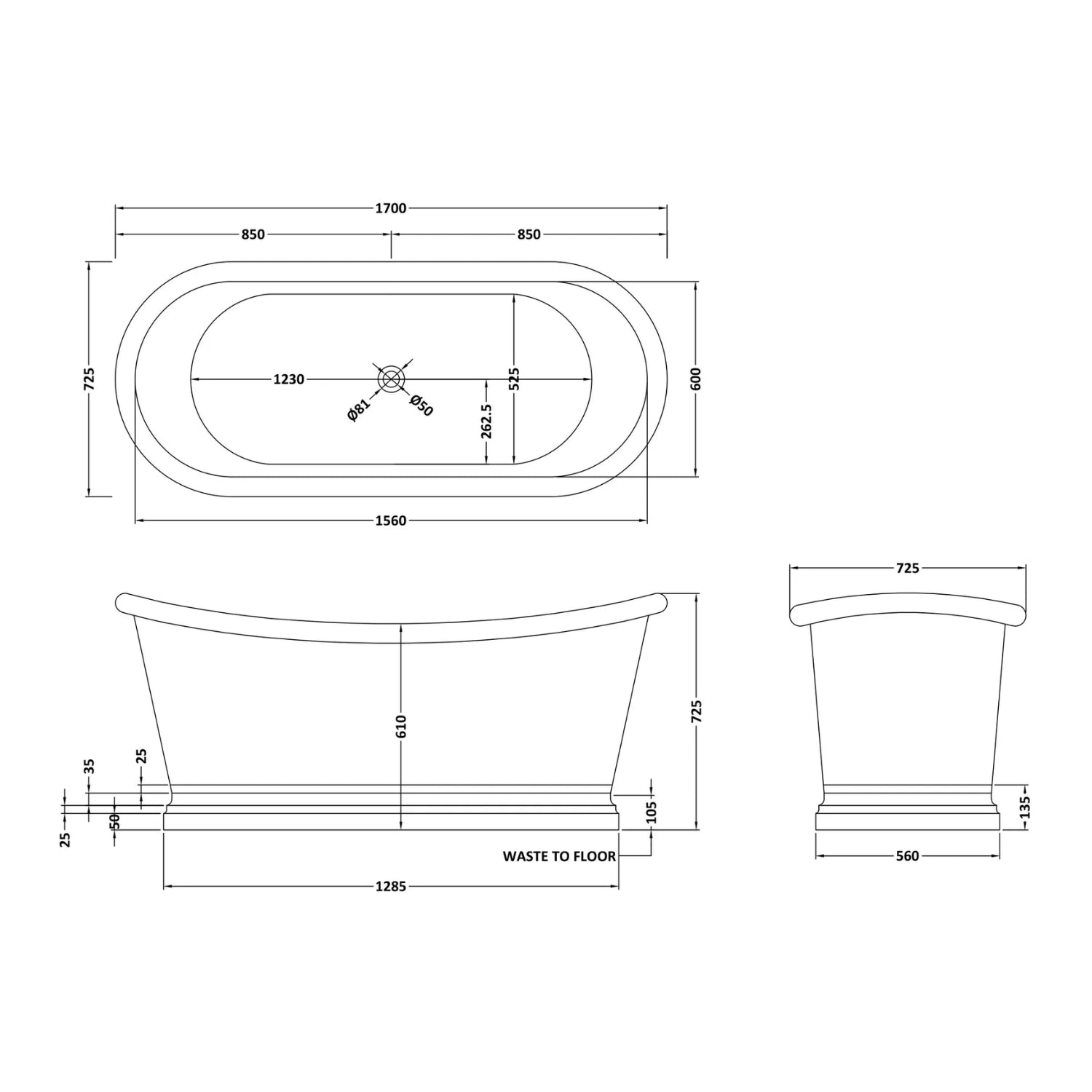 BC Designs Freestanding Traditional Boat Bath with Nickel Inner - 1700mm L x 725mm W, Copper/Nickel
