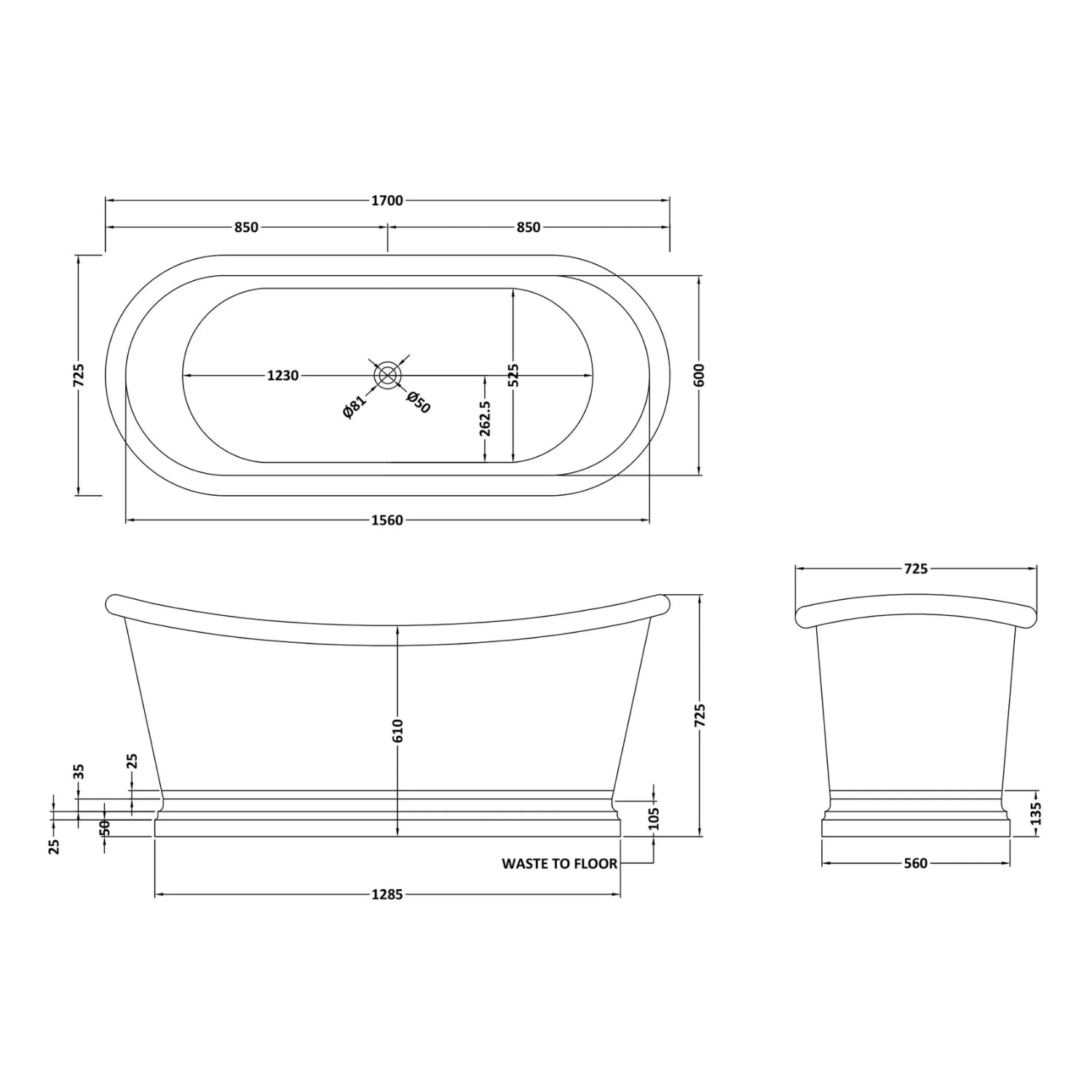 BC Designs Freestanding Traditional Boat Bath with Nickel Inner - 1700mm L x 725mm W, Nickel