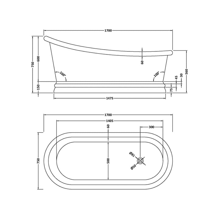 BC Designs Freestanding Traditional Slipper Bath - 1700mm L x 785mm W, Copper/Nickel