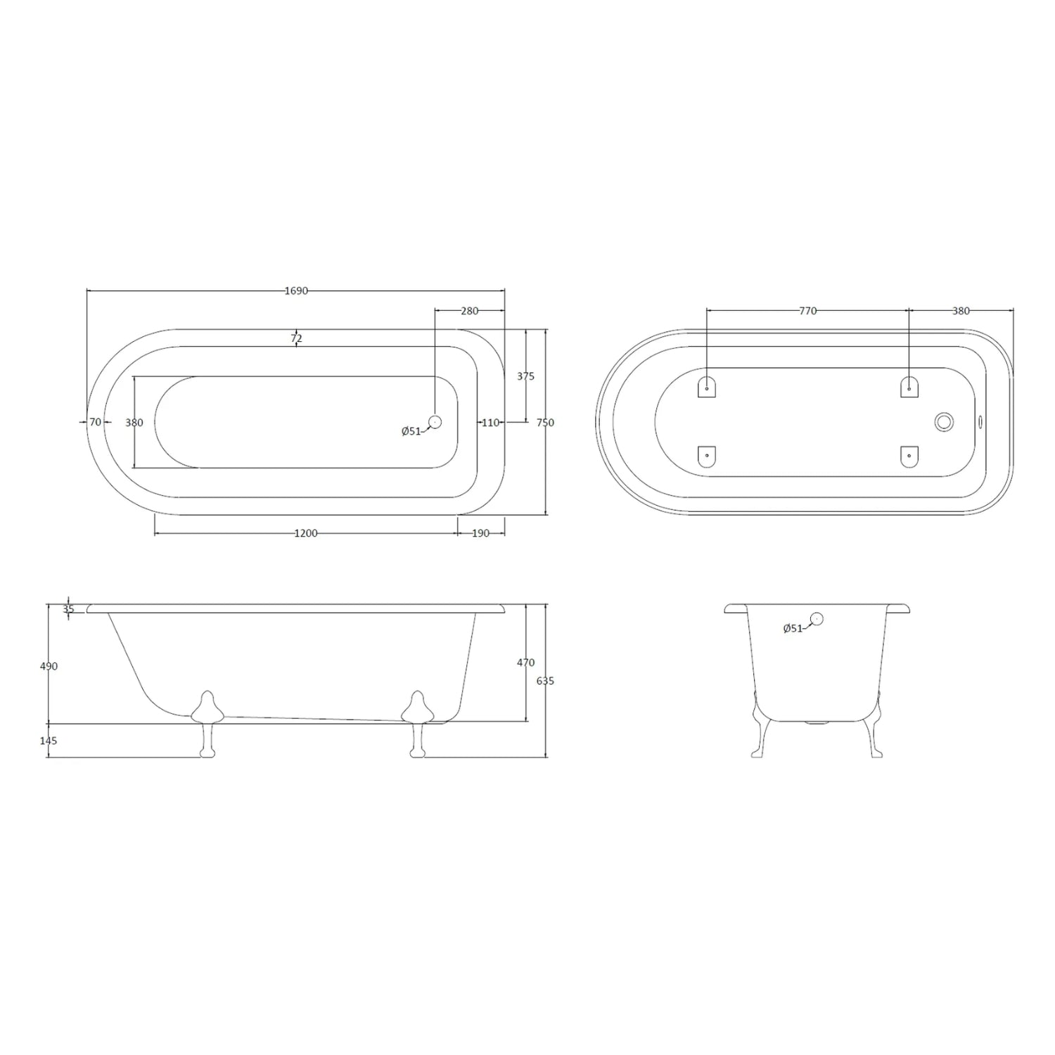 BC Designs Mistley Single Ended Bath with Feet Set 1 and Overflow - 1700mm L x 750mm W, White