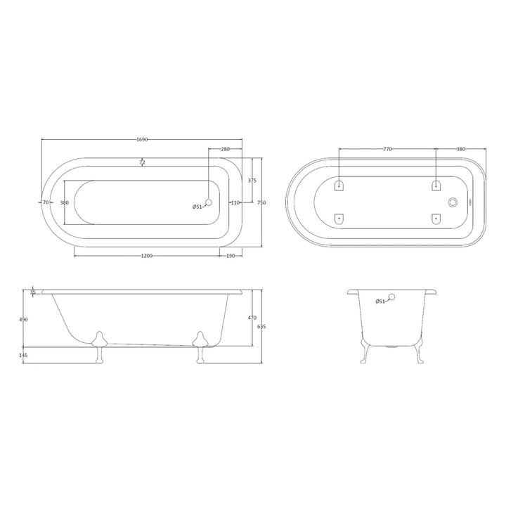 BC Designs Mistley Single Ended Bath with Feet Set 1 and Overflow - 1700mm L x 750mm W, White