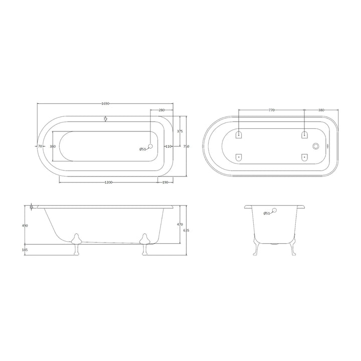 BC Designs Mistley Single Ended Bath with Feet Set 2 and Overflow - 1700mm L x 750mm W, White