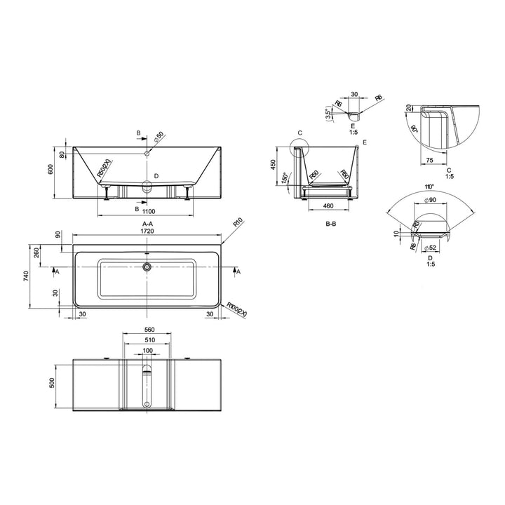 BC Designs Murali Acrylic Freestanding Bath - 1720mm L x 740mm W, Gloss White