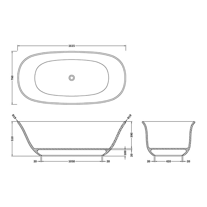 BC Designs Omnia Cian Solid Surface Freestanding Bath - 1615mm L x 760mm W