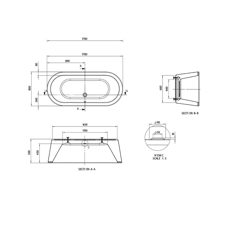BC Designs Plazia Acrymite Acrylic Freestanding Bath - 1780mm L x 800mm W, White