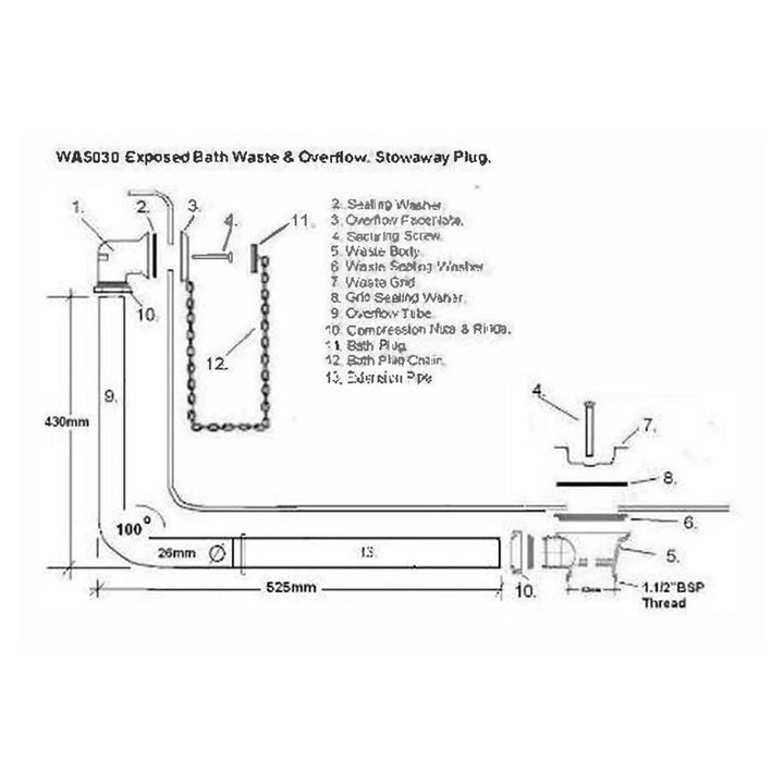 BC Designs Push Down Exposed Extended Brass Bath Waste/Plug and Chain with Overflow Pipe