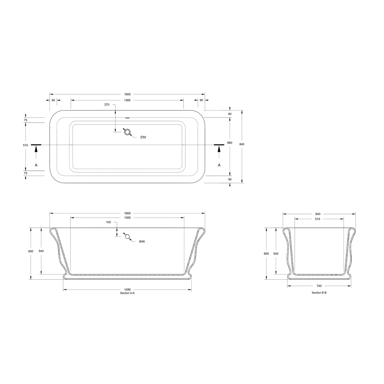 BC Designs Senator Solid Surface Freestanding Bath without Feet - 1800mm L x 840mm W