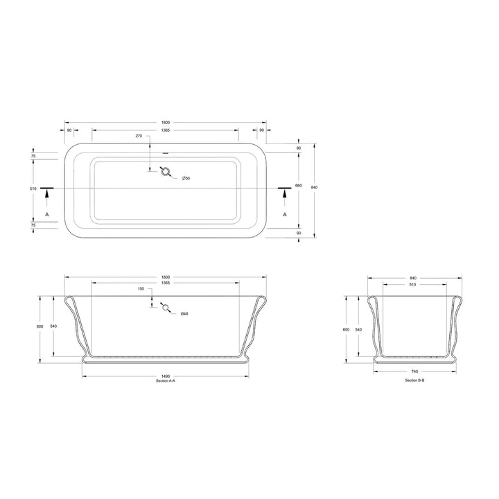 BC Designs Senator Solid Surface Freestanding Bath without Feet - 1800mm L x 840mm W