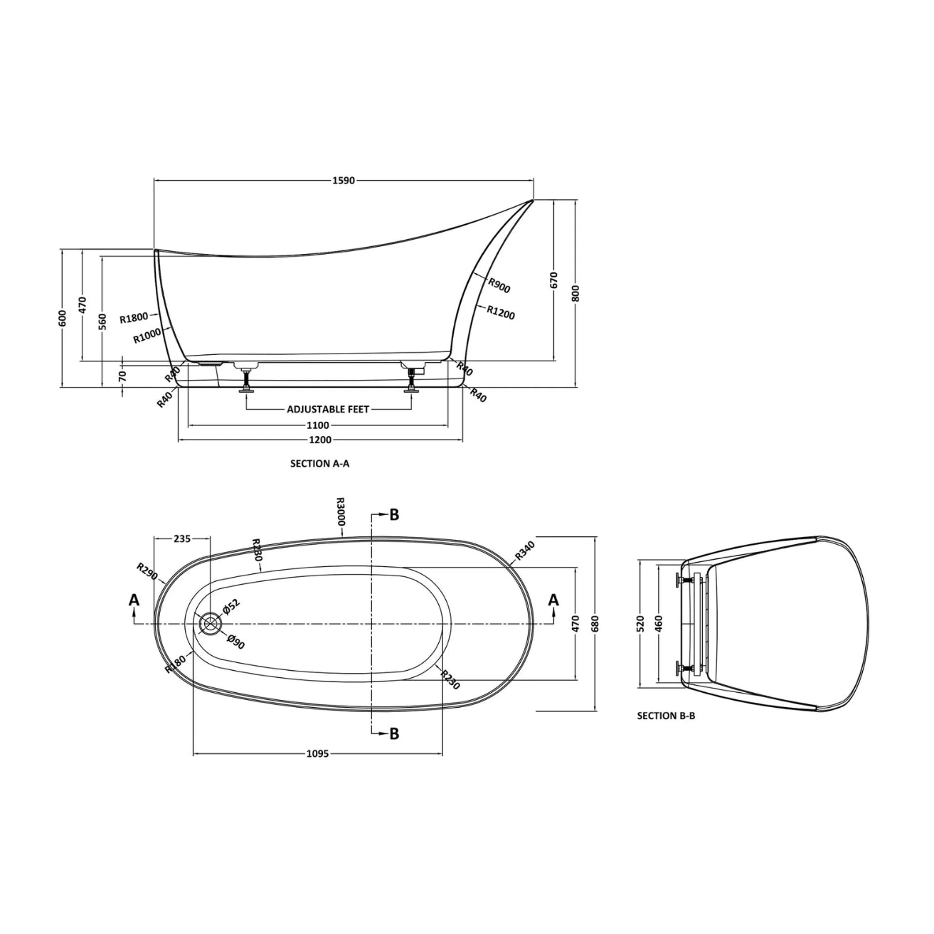 BC Designs Slipp Double Skinned Acrymite Acrylic Bath 1590mm L x 680mm W, White