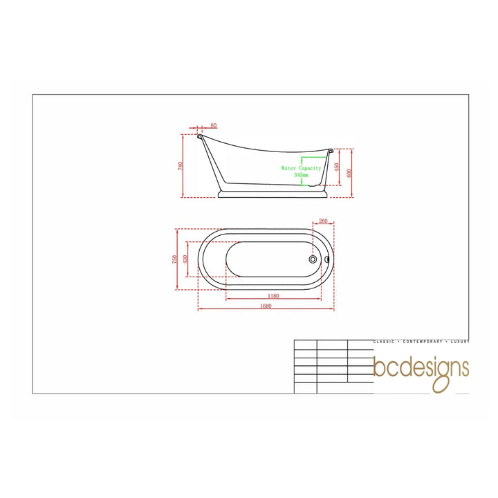 BC Designs Slipper Oval Acrylic Freestanding Bath - 1700mm L x 750mm W
