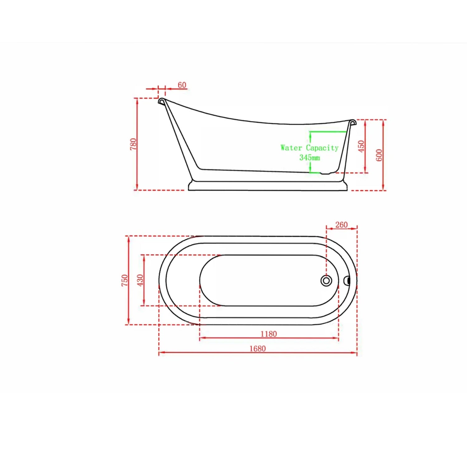 BC Designs Slipper Sanded Freestanding Acrylic Luxury Bath, 1700mm L x 750mm W