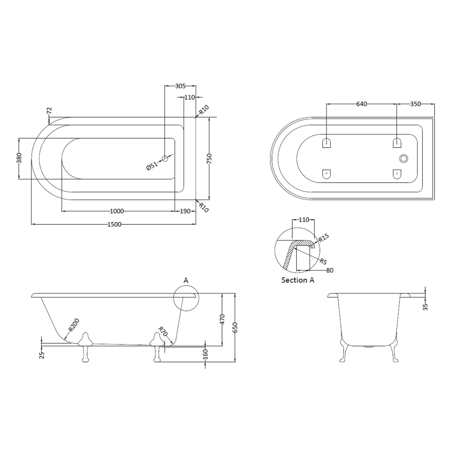BC Designs Tye Floor Mounted Shower Bath with 1 Set Feet - 1500mm L x 750mm W, White