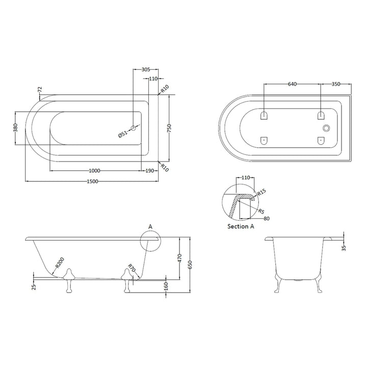 BC Designs Tye Floor Mounted Shower Bath with 1 Set Feet - 1500mm L x 750mm W, White