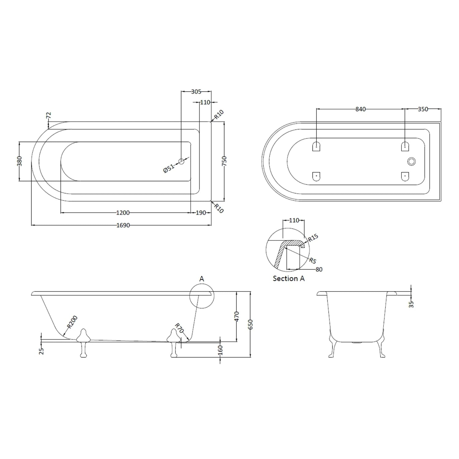 BC Designs Tye Floor Mounted Shower Bath with 1 Set Feet - 1700mm L x 750mm W, White