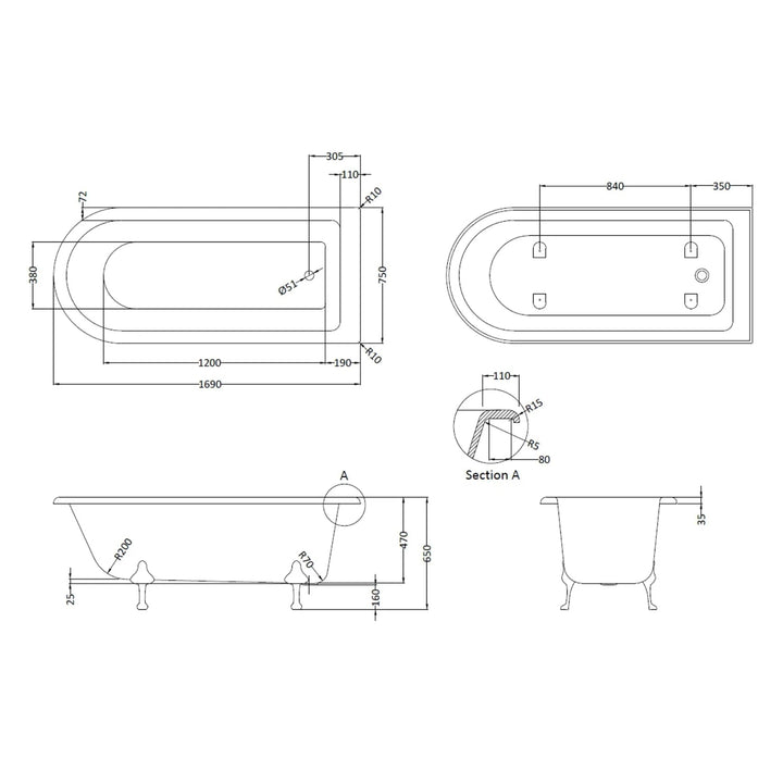 BC Designs Tye Floor Mounted Shower Bath with 1 Set Feet - 1700mm L x 750mm W, White