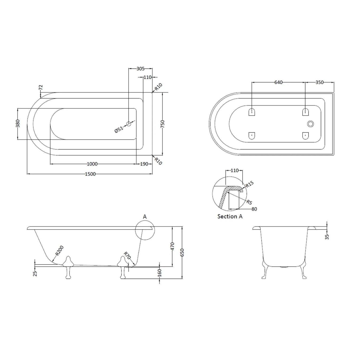 BC Designs Tye Floor Mounted Shower Bath with 2 Set Feet - 1500mm L x 750mm W, White