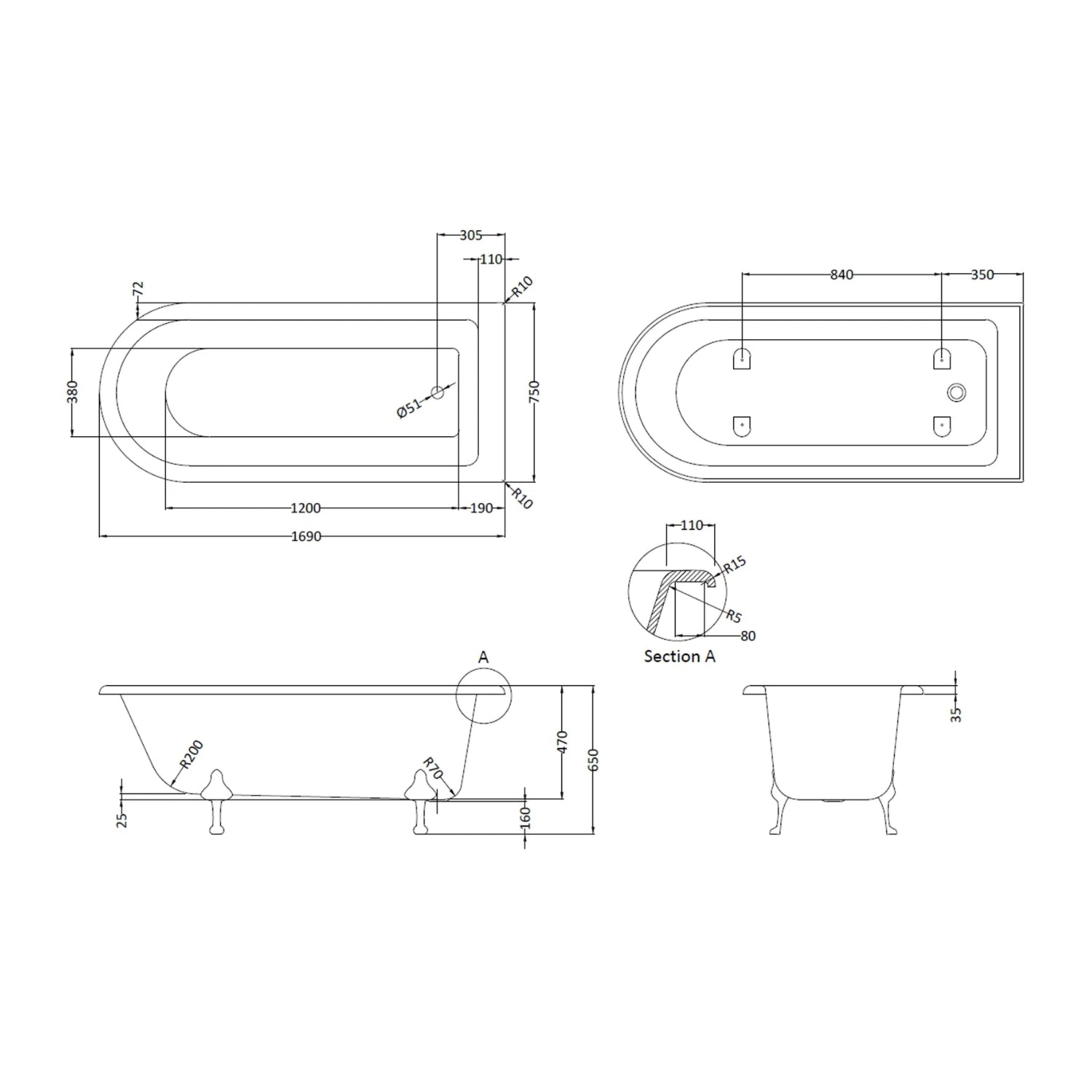 BC Designs Tye Floor Mounted Shower Bath with 2 Set Feet - 1700mm L x 750mm W, White