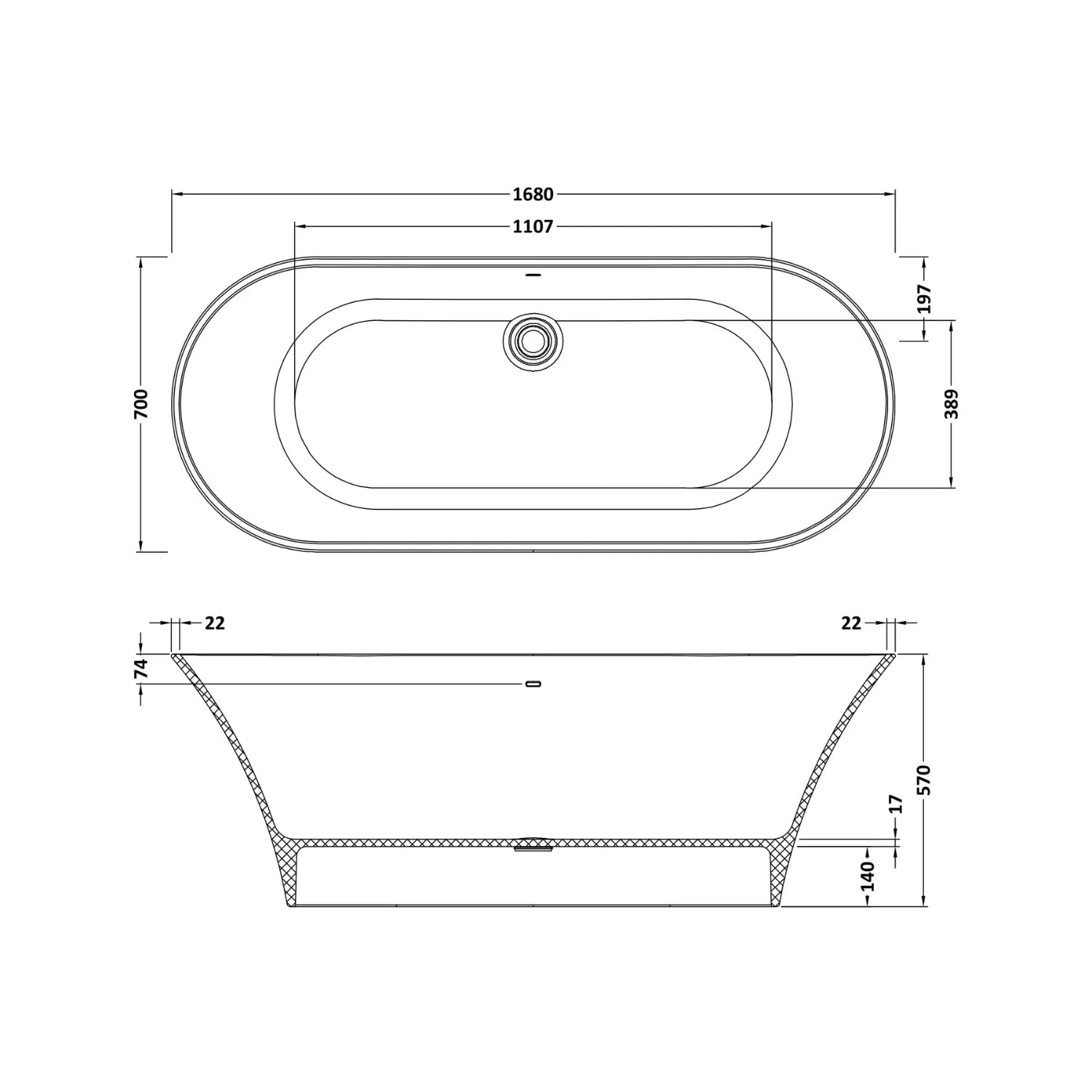 BC Designs Verdicio Cian Solid Surface Freestanding Bath - 1680mm L x 700mm W