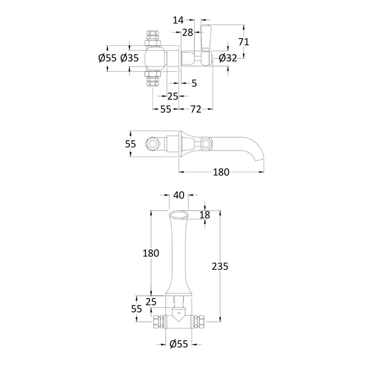 BC Designs Victrion Brushed Chrome Lever Brass Manual 3 Hole Wall Mounted Basin Filler Tap