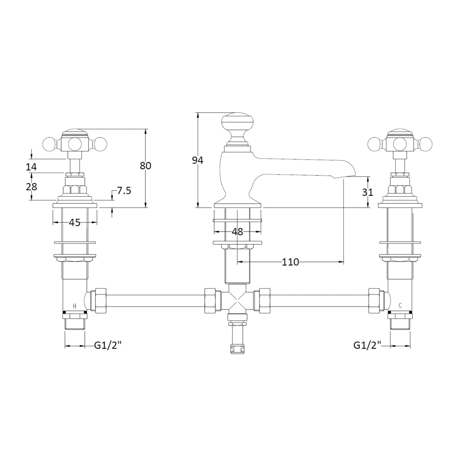 BC Designs Victrion Crosshead 3 Hole Basin Mixer Tap with Pop - Up Waste, Brushed Chrome Finish