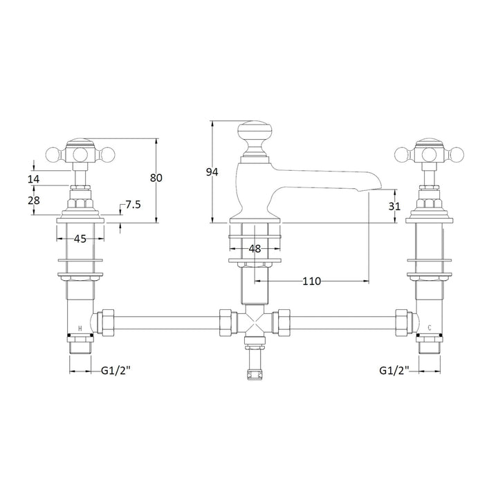 BC Designs Victrion Crosshead 3 Hole Basin Mixer Tap with Pop - Up Waste, Brushed Chrome Finish