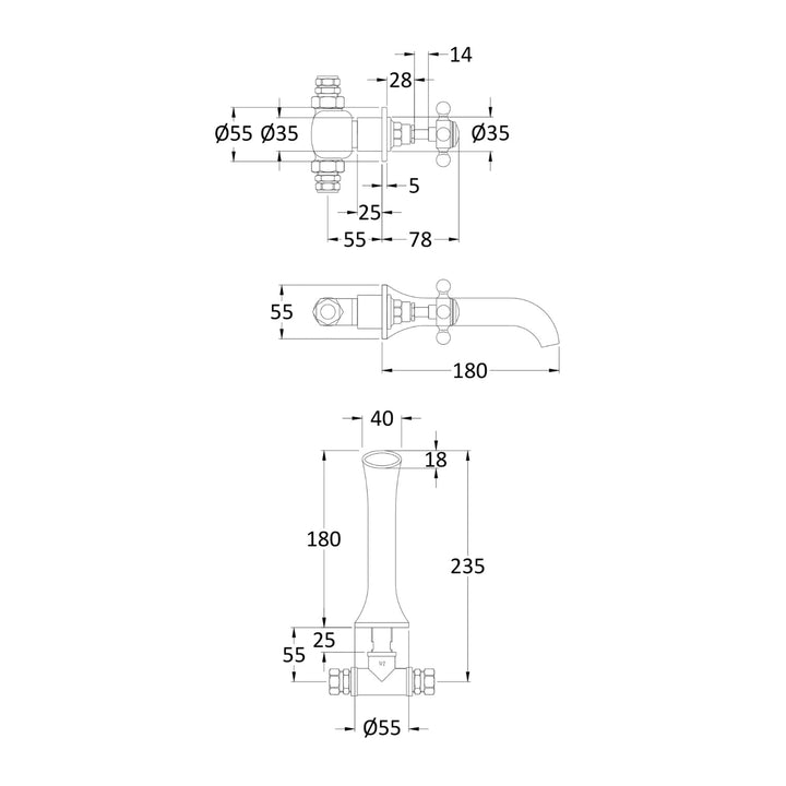 BC Designs Victrion Crosshead 3 Hole Wall Mounted Basin Filler Tap, Brushed Chrome Finish