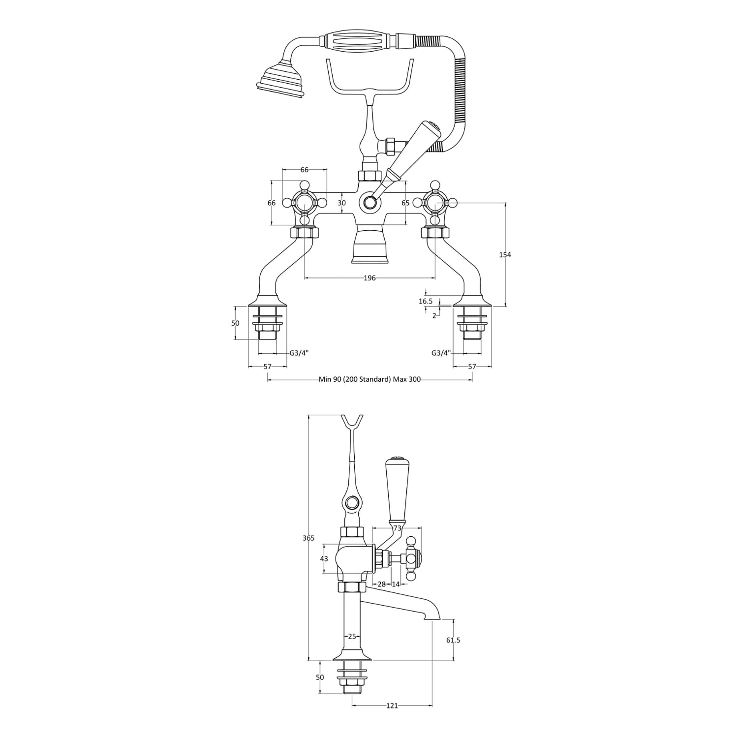 BC Designs Victrion Crosshead Brass Deck Mounted Bath Shower Mixer Tap, Brushed Chrome Finish