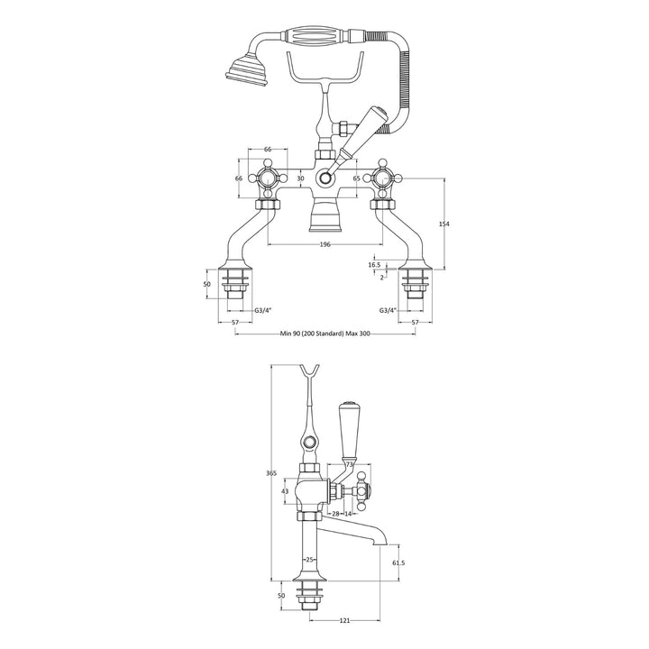 BC Designs Victrion Crosshead Brass Deck Mounted Bath Shower Mixer Tap, Brushed Chrome Finish
